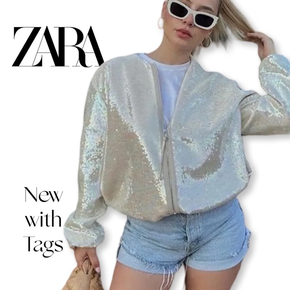 Zara Jackets & Blazers - ZARA NEW WOMAN SEQUIN BOMBER JACKET CREAM  Size L